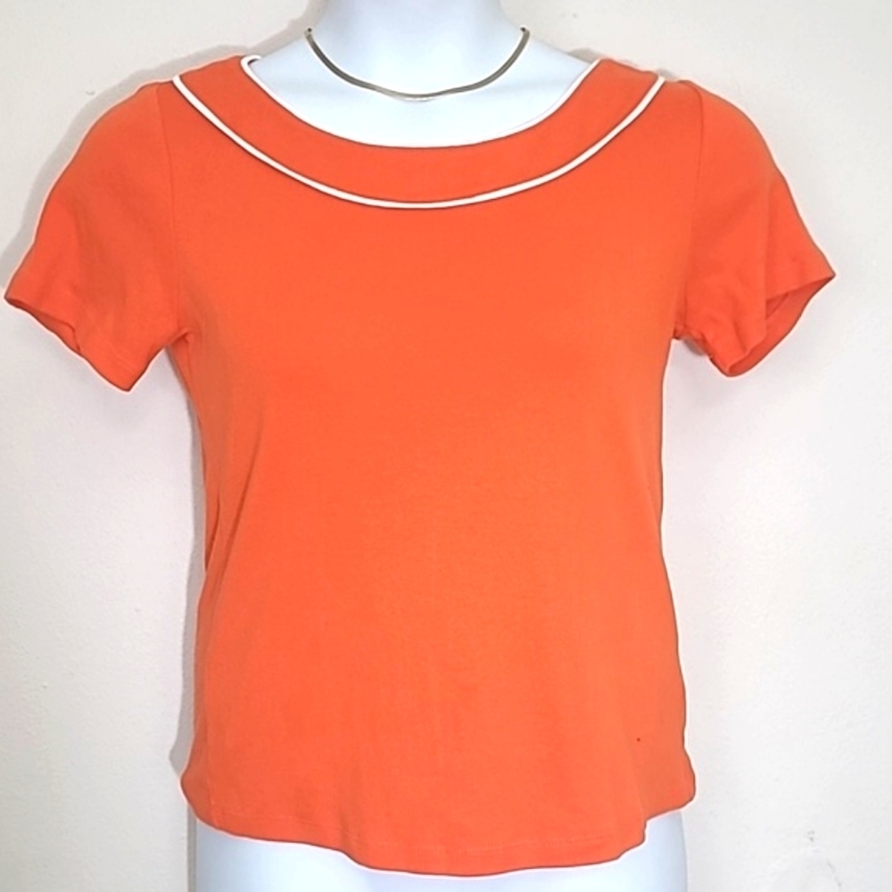 Rafaella t shirt short sleeve orange white trim boat neck 100% cotton stretch